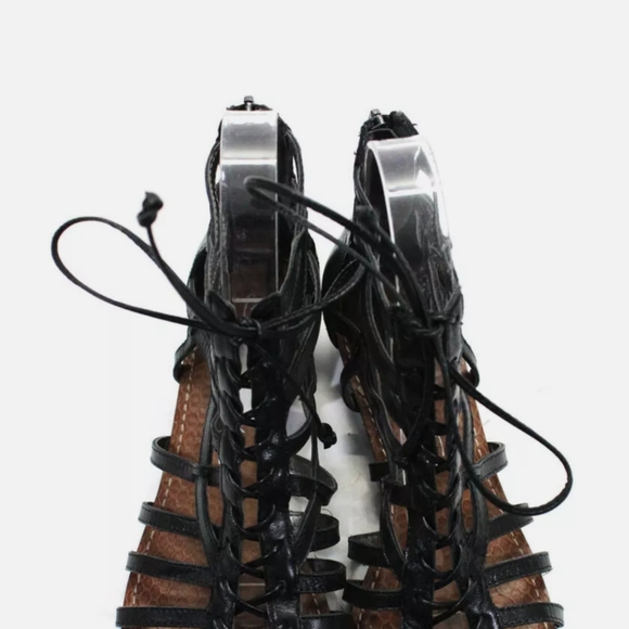 SE Boutique | Sam Edelman Black Leather Sandals mini wedge 7.5 37.5 zip - Picture 2 of 5